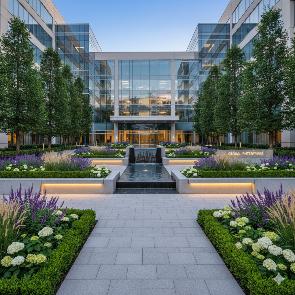 Professional commercial landscape for office building entrance