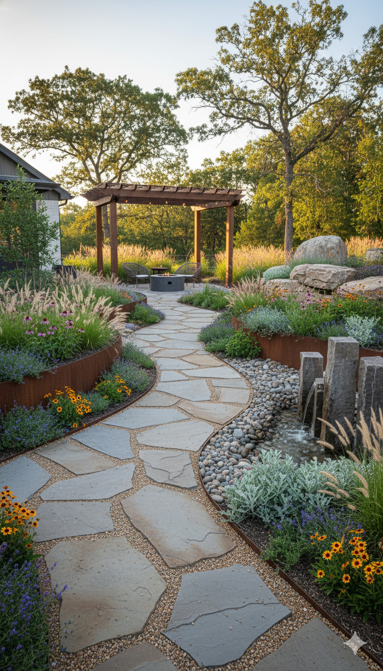 Professional landscape design with native plants and hardscape elements