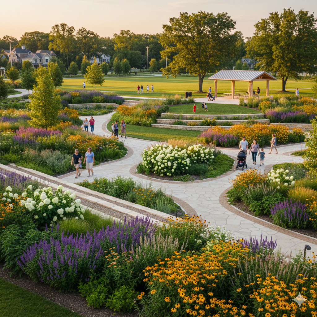 Community park with walking paths and landscaped green areas